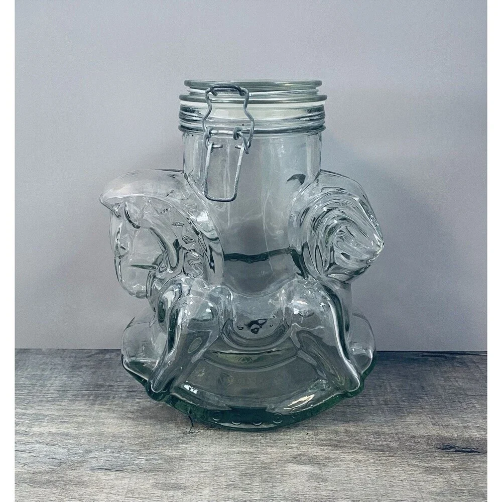 Vintage Large Carousel Rocking Horse Clear Thick Glass Canister Mason Jar Cookie